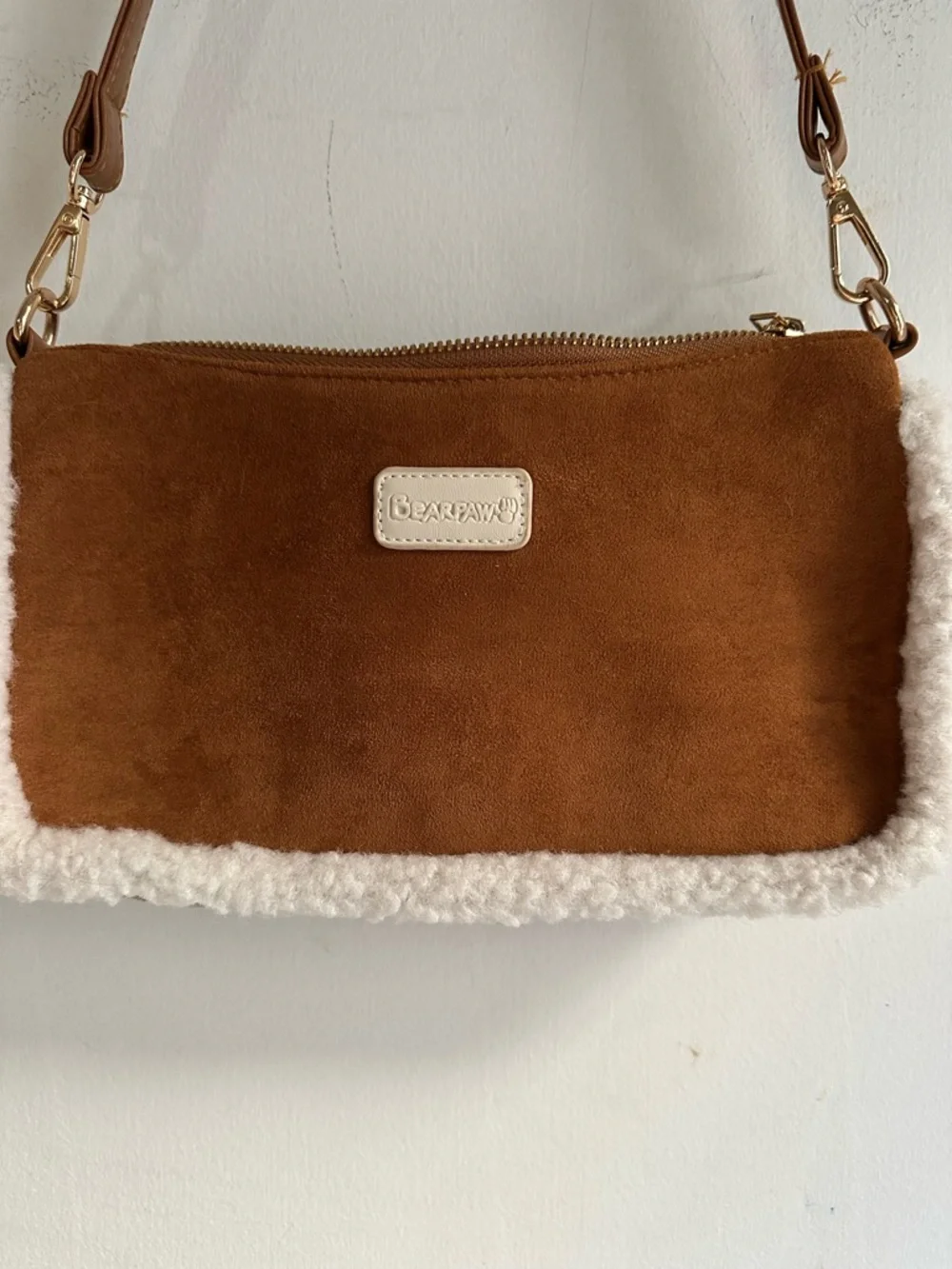 Bearpaw Faux Suede Sherpa Trim Shoulder Bag Brown Cream Y2K Baguette Purse